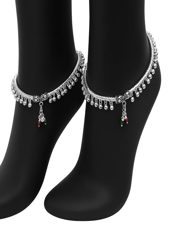Stylewell (1 Pair) Adjustable Traditional Design Metal Alloy Latkan Crystal Diamond Ghungroo Leg Painjan Payal Anklets Rajasthani Style Round Foot Bangle Kada Fashion Jewellery Set For Women's And Girl's - Image 5