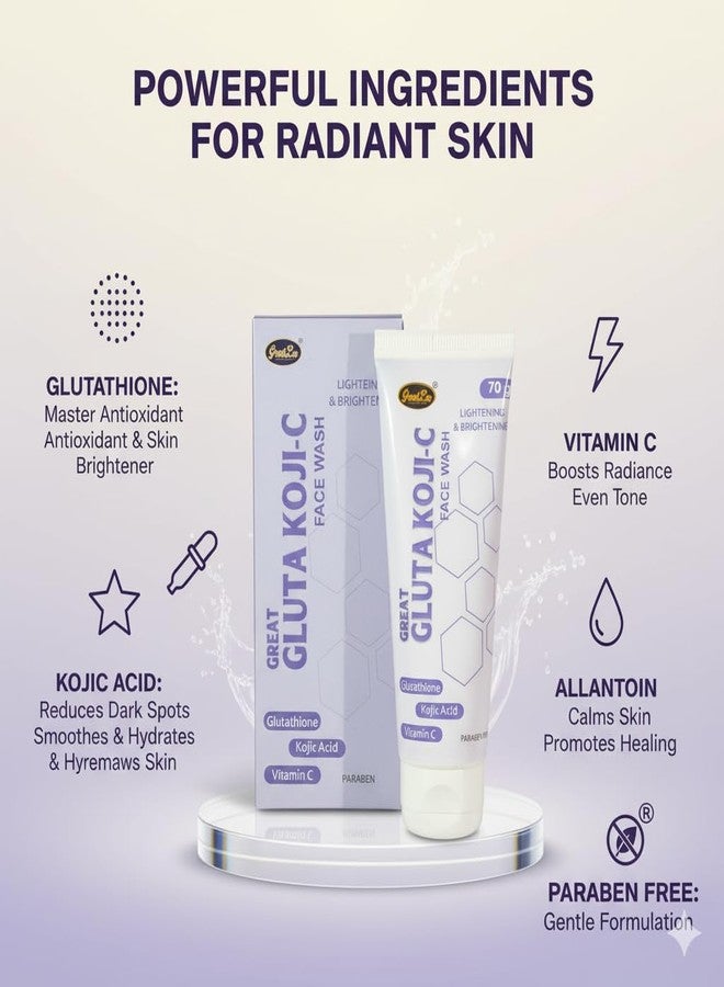 Great Gluta Koji-C Face Wash with Glutathione, Kojic Acid, Vitamin C, Lightening & Brightening, Reduces Dark Spots, Promotes Healthy Glow, Paraben Free - 70g - Image 5