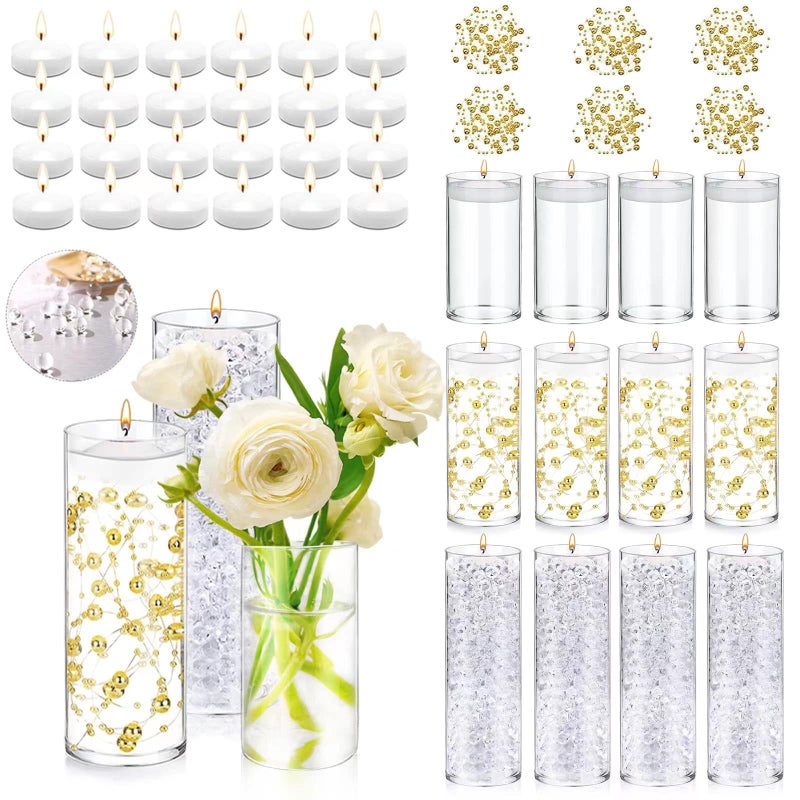 UDU 12 Set Glass Vases for Centerpieces with 24 White Floating Candles 80000 Vase Filler 6 Pearl String Party Event Home Wedding Centerpieces for Tables Decorations - Image 1
