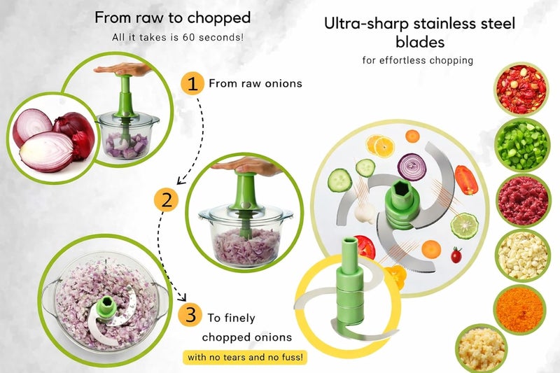 Brieftons Express Manual Food Chopper: 8.5-Cup, Clear, Versatile, Chop Veggies, Fruits, Herbs, Garlic, Onion, Salsa, Salad, Pesto, Guacamole, Coleslaw, Indian Cooking - Image 4