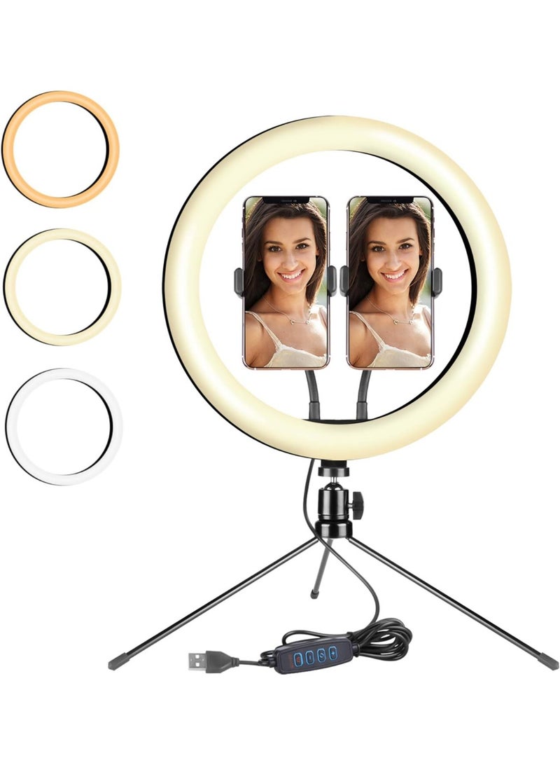 30cm diameter ring light with stand and dual phone holder, illuminated selfie ring with three color lighting modes and 10 levels of dimming, ring light for TikTok, YouTube, makeup application, selfies and live streaming