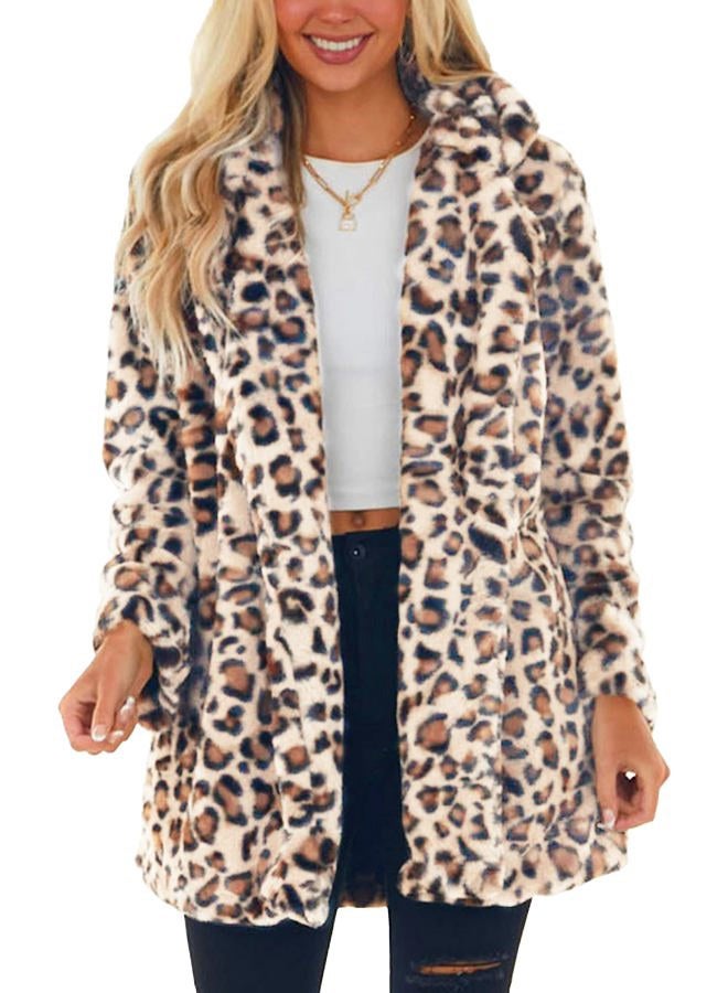 Omoone Women's Faux Fur Jackets Autumn Winter Leopard Coats Loose Fur Coat with Pockets, Whiteorange, XL - Image 1