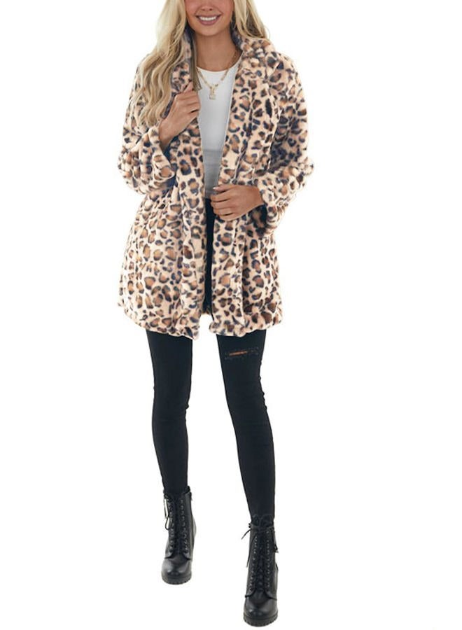 Omoone Women's Faux Fur Jackets Autumn Winter Leopard Coats Loose Fur Coat with Pockets, Whiteorange, XL - Image 4