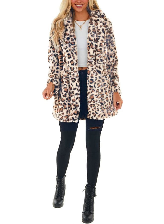 Omoone Women's Faux Fur Jackets Autumn Winter Leopard Coats Loose Fur Coat with Pockets, Whiteorange, XL - Image 2