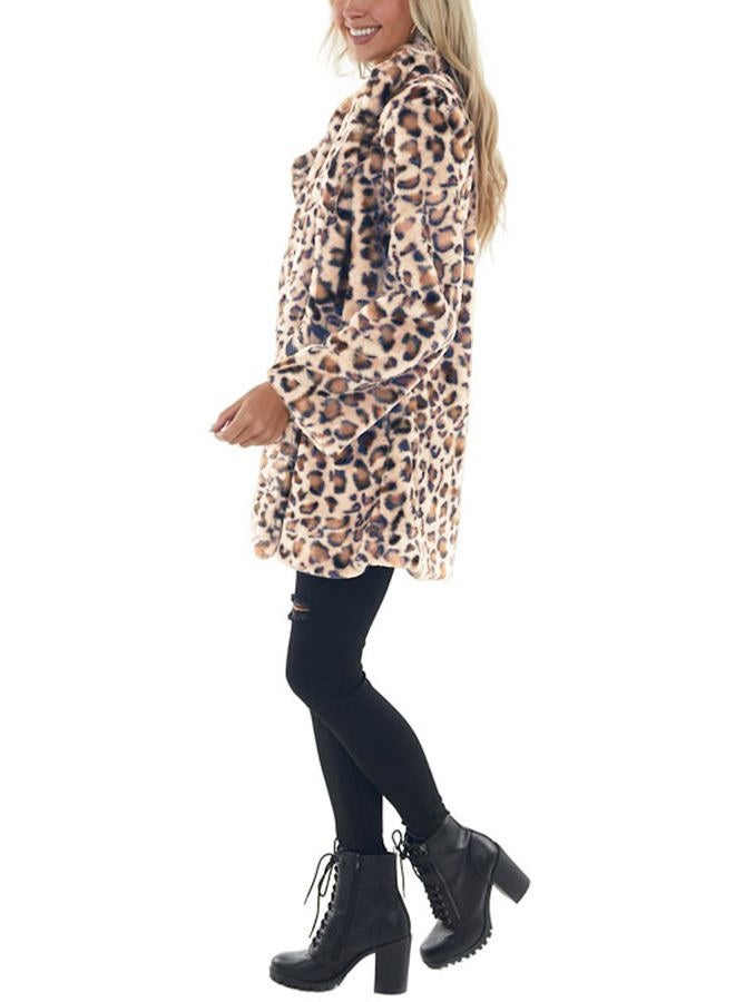 Omoone Women's Faux Fur Jackets Autumn Winter Leopard Coats Loose Fur Coat with Pockets, Whiteorange, XL - Image 3