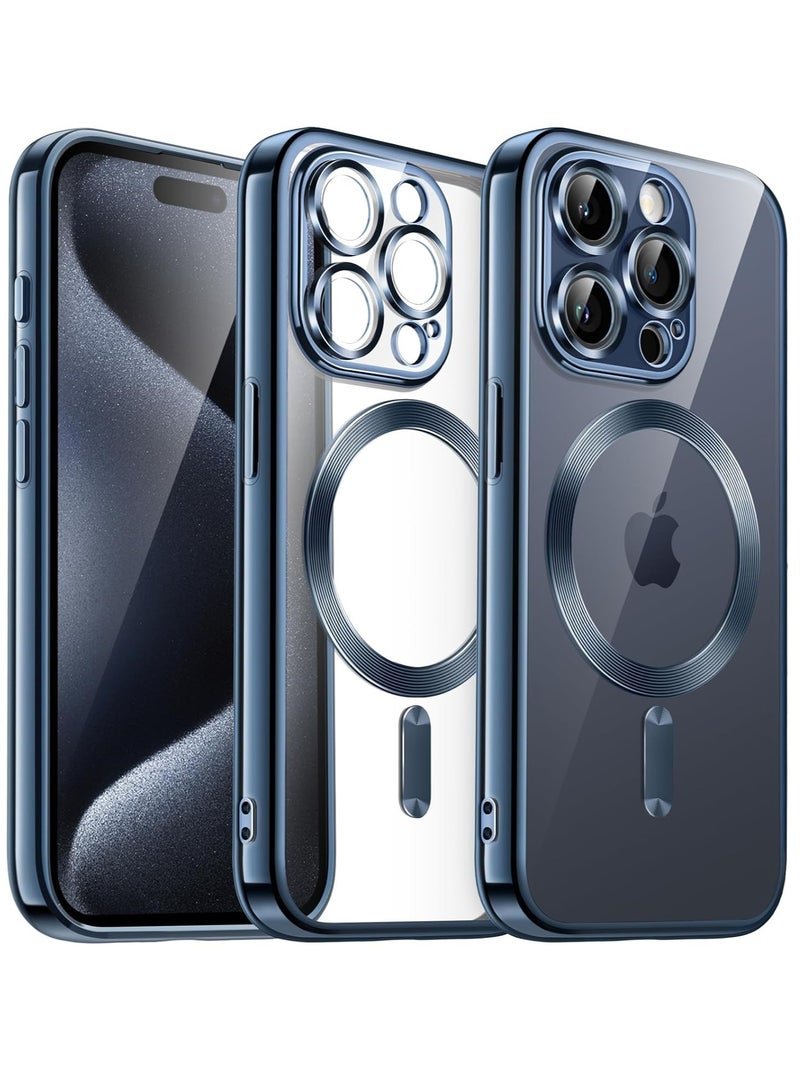 MIGOFAST iPhone 15 Pro Max 6.7-Inch, Camera Lens Full Protection Compatible with MagSafe Wireless Charging Shockproof Electroplated TPU Phone Cover Blue Matte - Image 1