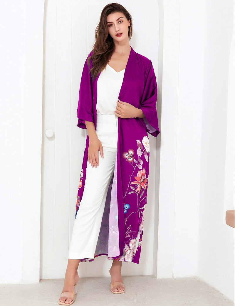 PRODESIGN Long Kimono Robe Satin Sleepwear Gradient Watercolor Silky Kimono Nightgown Bathrobe Blouse Cardigan - Image 5