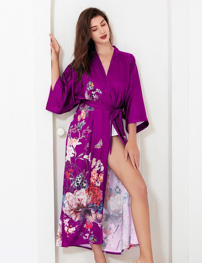 PRODESIGN Long Kimono Robe Satin Sleepwear Gradient Watercolor Silky Kimono Nightgown Bathrobe Blouse Cardigan - Image 4