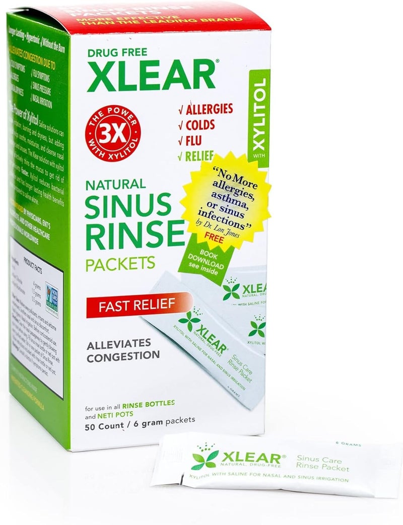 Xlear Xlear Nasal Rinse Refill Packets, Natural Saline Neti Pot Sinus Rinse with Xylitol, Fast Sinus Pressure and Congestion Relief, 50 Packets (Pack of 1)