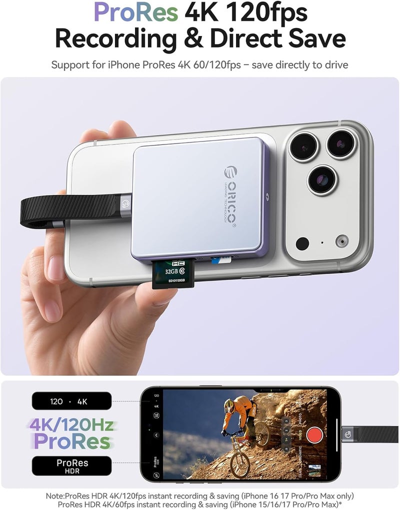 ORICO Magnetic M.2 2230/2242 NVMe SSD Enclosure with SD/TF 3.0 Card Reader, iPhone 4K ProRes Recording Support, PD100W Charging Port, Support for iPhone 15/16/17 Series Laptop Tablet-AP42F (Blue) - Image 3