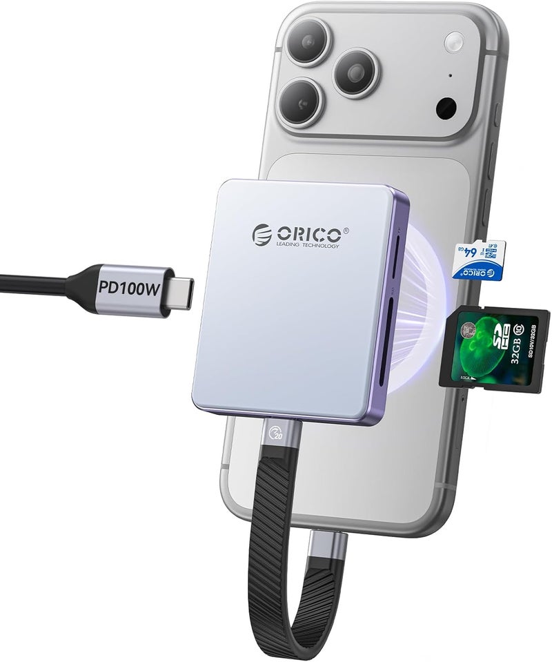 ORICO Magnetic M.2 2230/2242 NVMe SSD Enclosure with SD/TF 3.0 Card Reader, iPhone 4K ProRes Recording Support, PD100W Charging Port, Support for iPhone 15/16/17 Series Laptop Tablet-AP42F (Blue) - Image 1