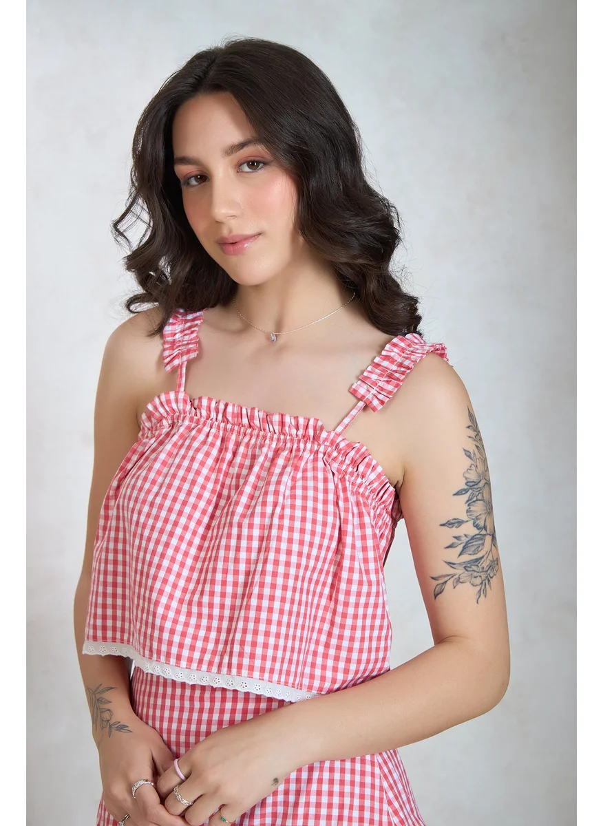 فيرجيو Virgio Women Cotton Straight Neck Crop Length Checks Sleeveless Top