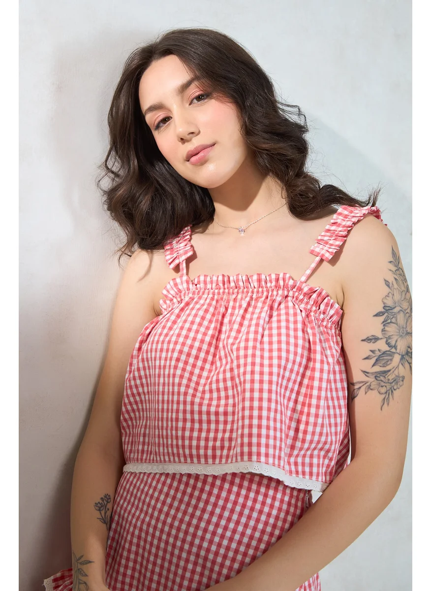فيرجيو Virgio Women Cotton Straight Neck Crop Length Checks Sleeveless Top