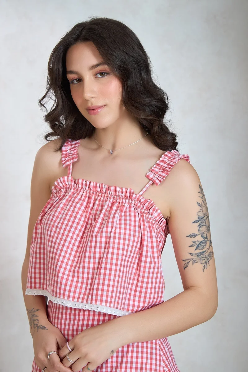 Virgio VIRGIO 100% Cotton Gather & Lace Detail Crop Top