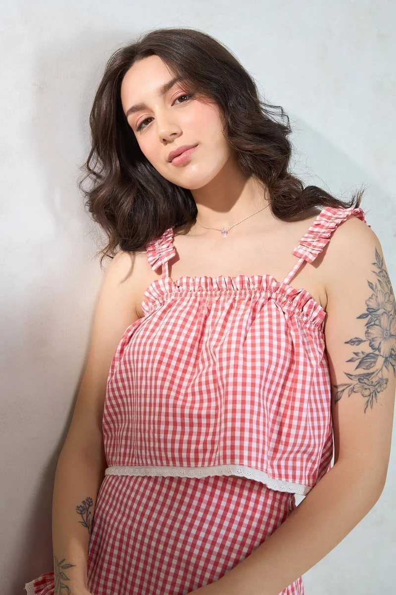 Virgio VIRGIO 100% Cotton Gather & Lace Detail Crop Top