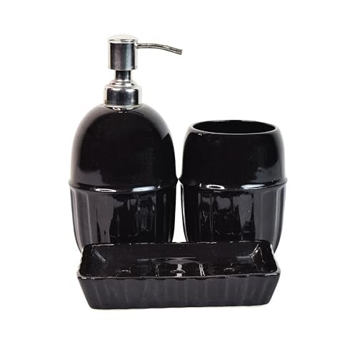Kaolinite Ceramic Bathroom Accessories Set for Utility and Bathroom Decor | Liquid Soap Dispenser, soap Tray, Toothbrush Holder (Exclusive Bathroom Set) (Black) - Image 4