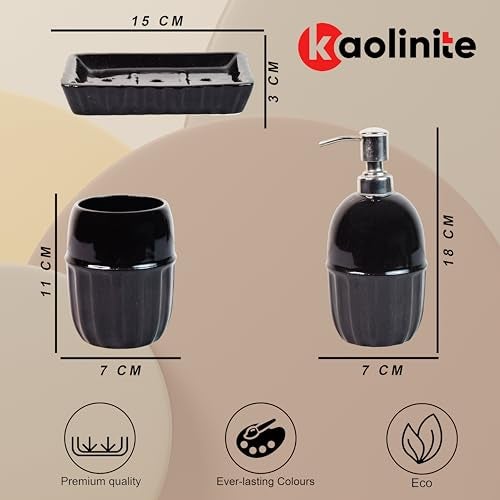 Kaolinite Ceramic Bathroom Accessories Set for Utility and Bathroom Decor | Liquid Soap Dispenser, soap Tray, Toothbrush Holder (Exclusive Bathroom Set) (Black) - Image 3