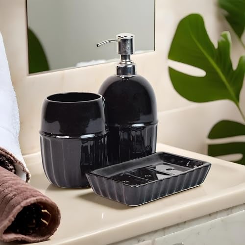 Kaolinite Ceramic Bathroom Accessories Set for Utility and Bathroom Decor | Liquid Soap Dispenser, soap Tray, Toothbrush Holder (Exclusive Bathroom Set) (Black) - Image 1