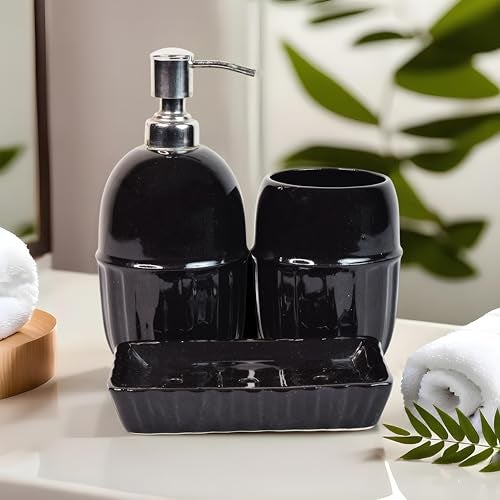 Kaolinite Ceramic Bathroom Accessories Set for Utility and Bathroom Decor | Liquid Soap Dispenser, soap Tray, Toothbrush Holder (Exclusive Bathroom Set) (Black) - Image 2
