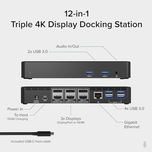Plugable 12-in-1 USB C Triple Monitor Docking Station, Triple 4K Displays with 3X HDMI or 3X DisplayPort, Compatible with Mac, Windows, Thunderbolt, USB4, USB-C (100W PD, 6X USB Ports, Ethernet) - Image 2