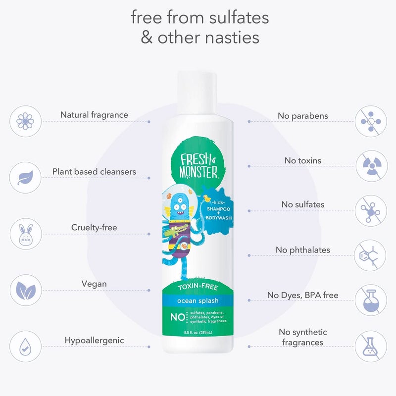 Fresh Monster 2-in-1 Natural Shampoo & Body Wash for Kids, Toxin-Free, Hypoallergenic, Ocean Splash (2 Pack, 8.5oz/each) - Image 4