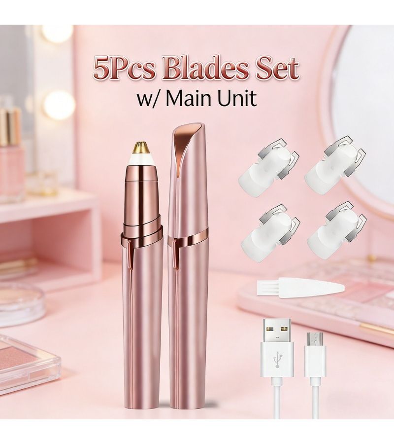 1 Set Pink Portable Rechargeable Electric Eyebrow Trimmer With 5 Replacement Heads Multi Functional Hair Removal Device For Eyebrows Arms Legs Underarms Bikini Area - Image 3