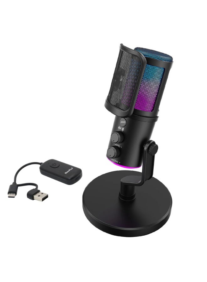 NeePho M02 Wireless / USB Microphone Gaming Desktop Condenser with Pop Filter And ANC Noise Reduction & Dynamic RGB & Gain Knob – Plug & Play for PC,Mobile ,Streaming , Podcasting , Discord | Black - Image 1