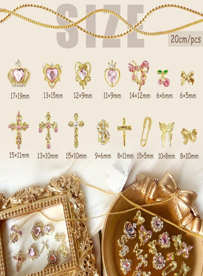 SilkRoselw 86Pcs Pink Cross Nail Charms 3D Gold Nail Charms Y2k Cute Pink Heart Cherry Bows Crown Acrylic Nail Art Rhinestones Crafting Luxury Nail Jewelry Gems Fake Money Gold Chains for Nails (Gold, Pink) - Image 3
