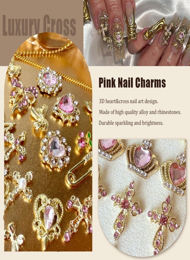 SilkRoselw 86Pcs Pink Cross Nail Charms 3D Gold Nail Charms Y2k Cute Pink Heart Cherry Bows Crown Acrylic Nail Art Rhinestones Crafting Luxury Nail Jewelry Gems Fake Money Gold Chains for Nails (Gold, Pink) - Image 5
