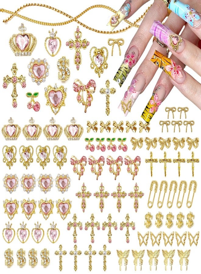 SilkRoselw 86Pcs Pink Cross Nail Charms 3D Gold Nail Charms Y2k Cute Pink Heart Cherry Bows Crown Acrylic Nail Art Rhinestones Crafting Luxury Nail Jewelry Gems Fake Money Gold Chains for Nails (Gold, Pink) - Image 1