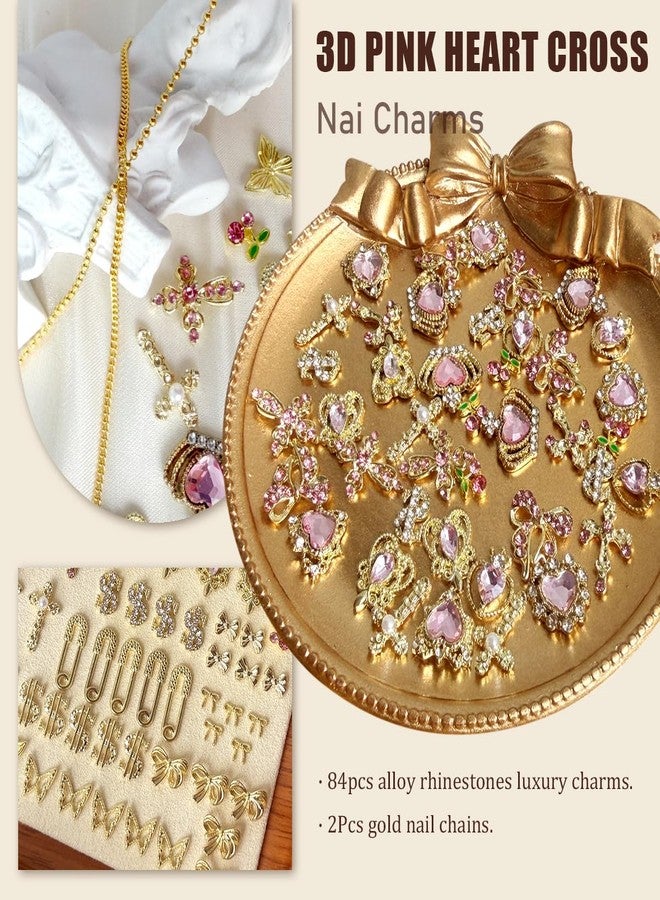 SilkRoselw 86Pcs Pink Cross Nail Charms 3D Gold Nail Charms Y2k Cute Pink Heart Cherry Bows Crown Acrylic Nail Art Rhinestones Crafting Luxury Nail Jewelry Gems Fake Money Gold Chains for Nails (Gold, Pink) - Image 2