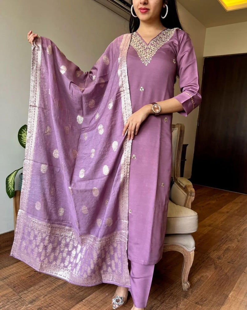 Florely Women's Viscose Chanderi Silk Embroidery Kurta Bottom Set, and Dupatta Set Traditional Kurta Set for Women Cotton Kurtis for Women Latest (in, Alpha, XL, Regular, Rose Pink) - Image 2