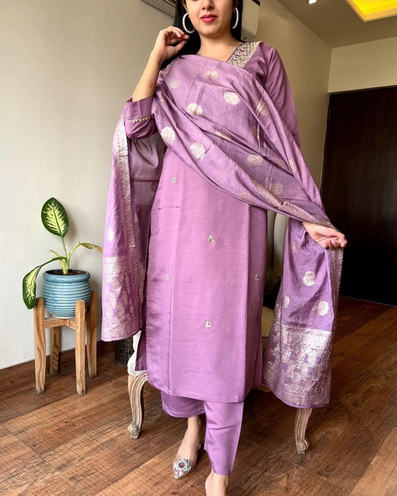 Florely Women's Viscose Chanderi Silk Embroidery Kurta Bottom Set, and Dupatta Set Traditional Kurta Set for Women Cotton Kurtis for Women Latest (in, Alpha, XL, Regular, Rose Pink) - Image 3