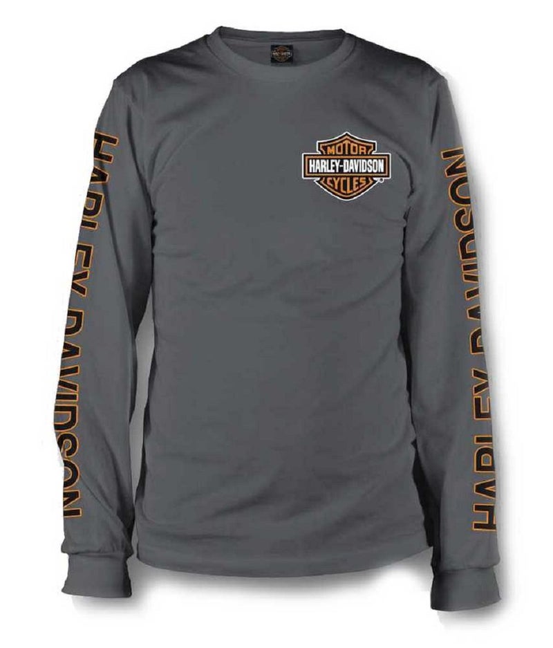 HARLEY DAVIDSON Harley-Davidson Men's Long Sleeve Orange Bar & Shield Grey Shirt 30291963  - Image 1