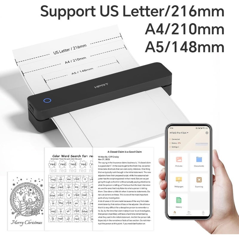 MT610 Pro Portable Wireless Thermal Printer Bluetooth Inkless Mobile Printer for Travel, Home Office Compatible with iOS, Android Laptop Supports 8.5x11 US Letter A4 Thermal Paper Black - Image 2