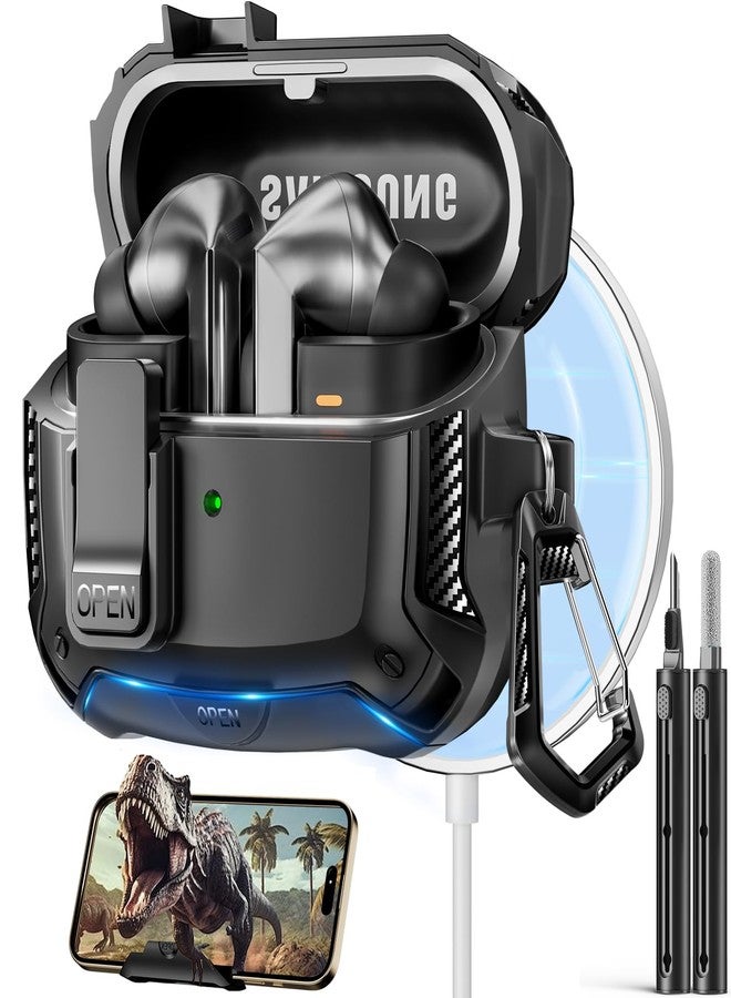 Polislime Compatible with Samsung Galaxy Buds 3 Case & Galaxy Buds 3 Pro Case with Phone Stand, Compatible with MagSafe,Powerful Drop Protection Design with Secure Lock Clip & Cleaning kit -Black - Image 1