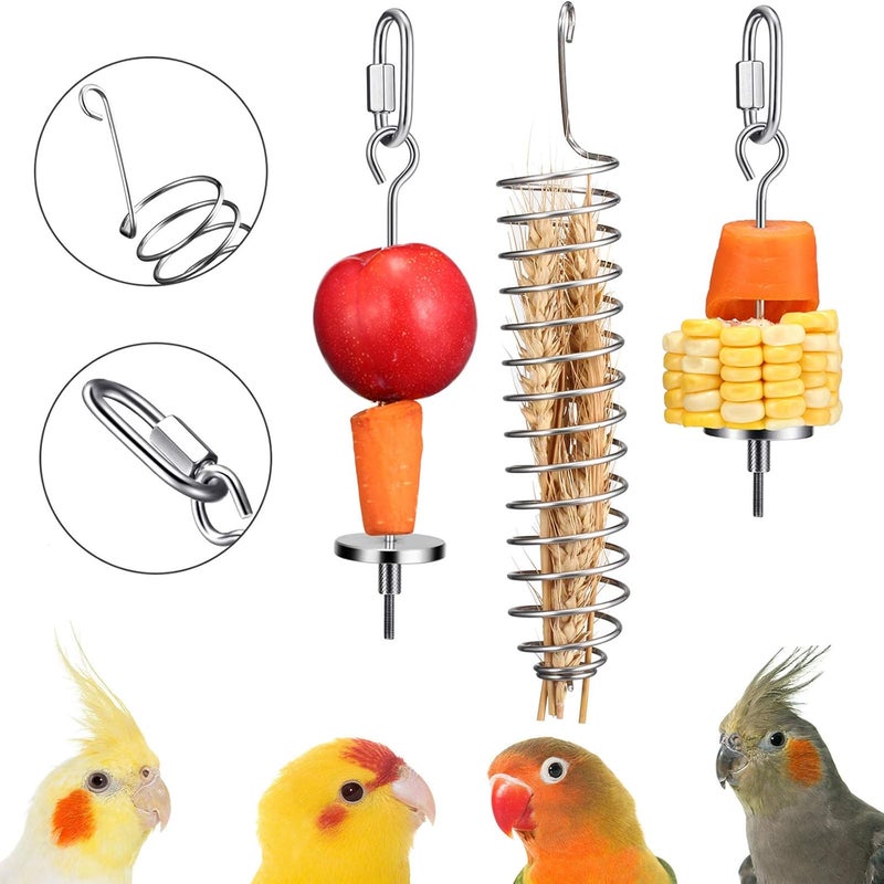 Shappy 3 Pieces Bird Food Holder Stainless Steel Parrot Hanging Vegetable Fruit Feeder Bird Treat Skewer Include 2 Pieces Small and Large Fruit Fork and a Food Basket, Parrot Foraging Toy - Image 1