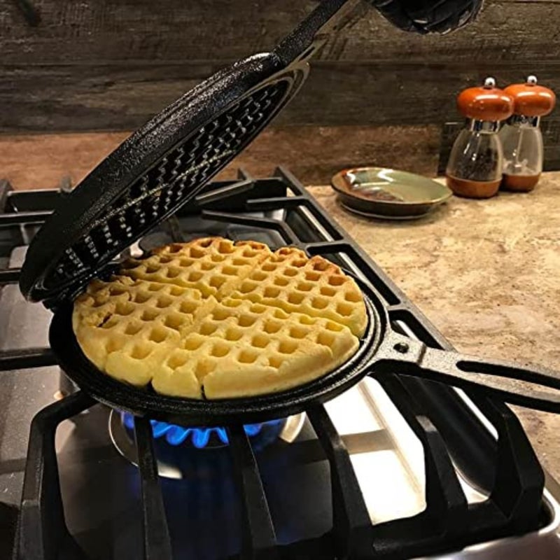 صانعة الوافل المصنوعة من الحديد الزهر، مقلاة الوافل المفصلية مكونة من قطعتين، تصنع فطائر الوافل المستديرة مقاس 7 بوصات - Image 3