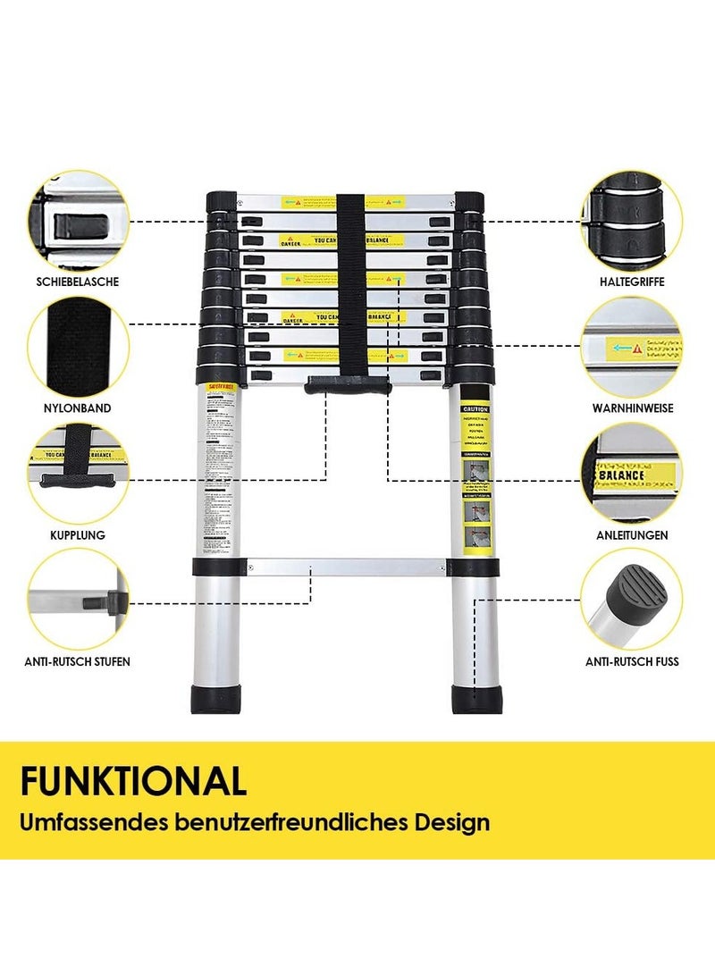 Aluminium Telescopic Ladder, 3.8 m Extendable Ladder, Non-Slip Aluminium Ladder, Multi-Purpose Ladder, Extendable Aluminium Ladder, Telescopic Extendable Ladder, 150 kg Load Capacity - Image 2