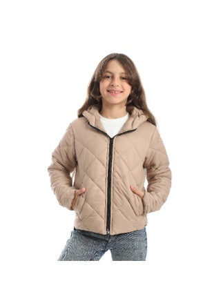 Full Zipper Closure Hooded Pump Jacket - Beige