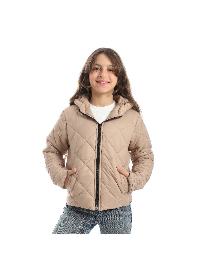 Andora Full Zipper Closure Hooded Pump Jacket - Beige - Image 1