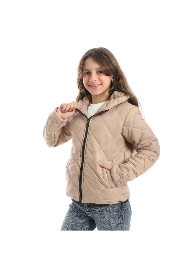 Andora Full Zipper Closure Hooded Pump Jacket - Beige - Image 3