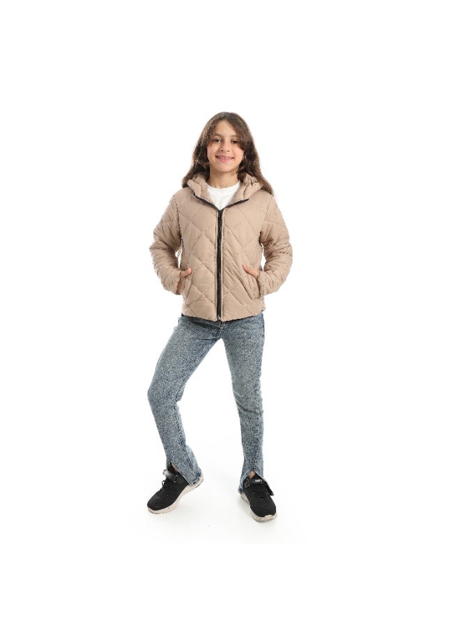 Andora Full Zipper Closure Hooded Pump Jacket - Beige - Image 5