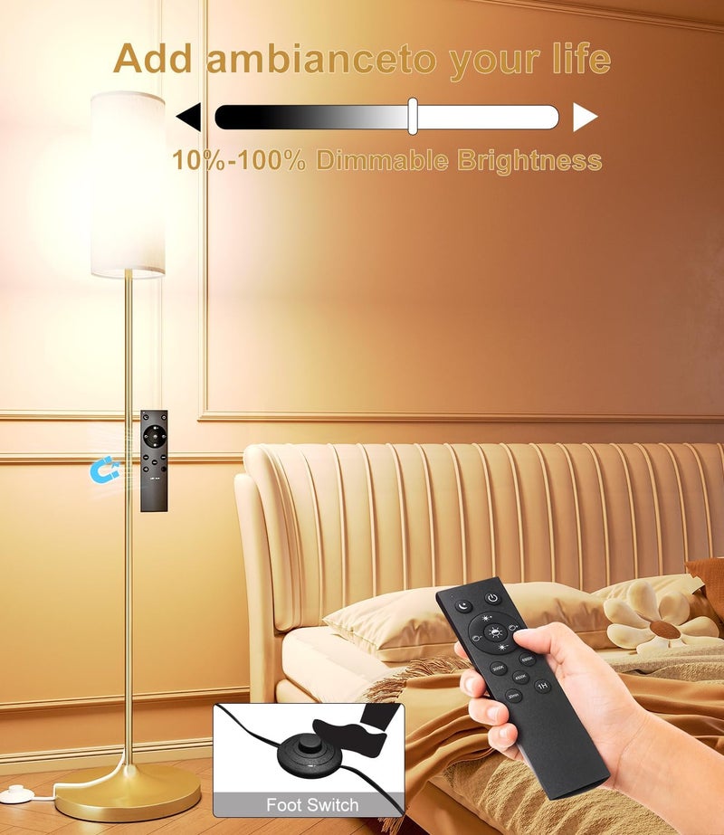 luckystyle مصباح أرضي LED من لوكيستايل لغرفة المعيشة، مصابيح قائمة قابلة للتعتيم مع مفتاح قدم، مصباح عمود بلون ذهبي مع ظل مصباح، لمبة LED بقوة 12 واط لمصابيح طويلة لغرفة النوم أو المكتب أو غرفة الأطفال - Image 2