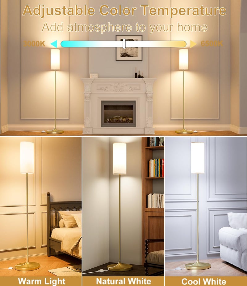 luckystyle مصباح أرضي LED من لوكيستايل لغرفة المعيشة، مصابيح قائمة قابلة للتعتيم مع مفتاح قدم، مصباح عمود بلون ذهبي مع ظل مصباح، لمبة LED بقوة 12 واط لمصابيح طويلة لغرفة النوم أو المكتب أو غرفة الأطفال - Image 3