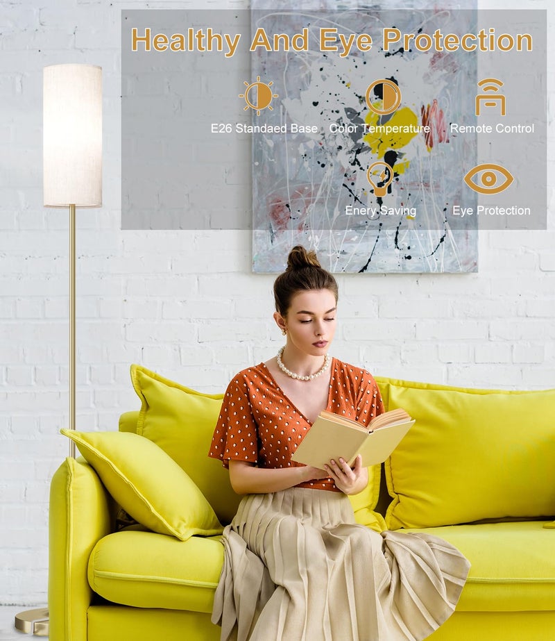 luckystyle مصباح أرضي LED من لوكيستايل لغرفة المعيشة، مصابيح قائمة قابلة للتعتيم مع مفتاح قدم، مصباح عمود بلون ذهبي مع ظل مصباح، لمبة LED بقوة 12 واط لمصابيح طويلة لغرفة النوم أو المكتب أو غرفة الأطفال - Image 5