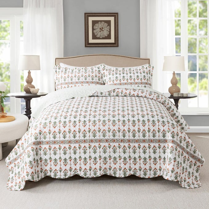 3PIECE QUILT SET QUILTED BEDSPREAD LIGHTWEIGHT COVERLET SET GARDEN STYLE FLORAL PRINTED OVERSIZED QUILTED BEDDING SET FOR ALL SEASON ORANGE MIRROR QUEEN SIZE