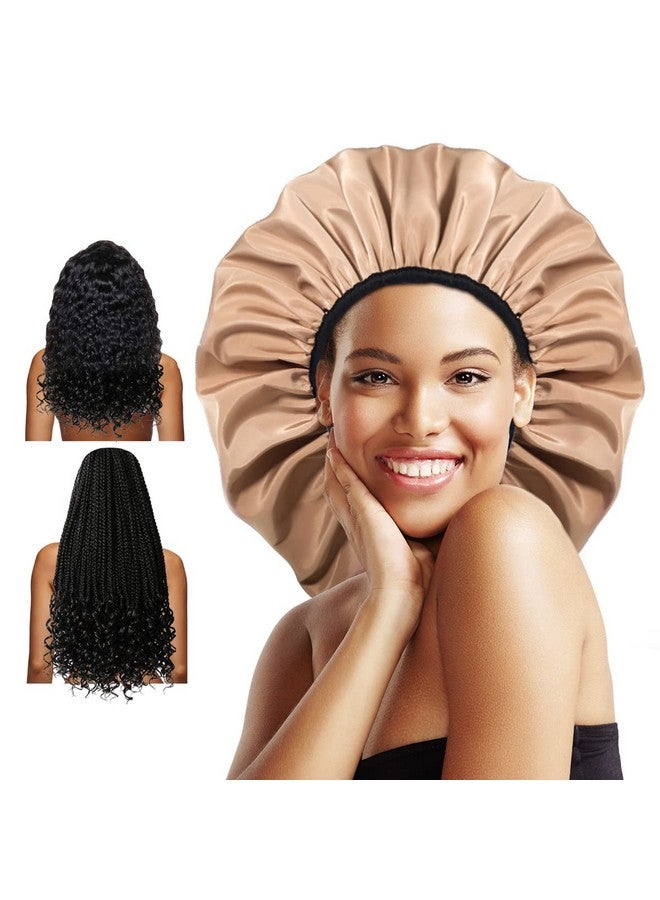 Auban Extra Large Shower Cap for Braids, Double-Layer Waterproof Reusable Satin Lining XL Shower Cap for Women Long Hair, Locs, perms (khaki) - Image 1