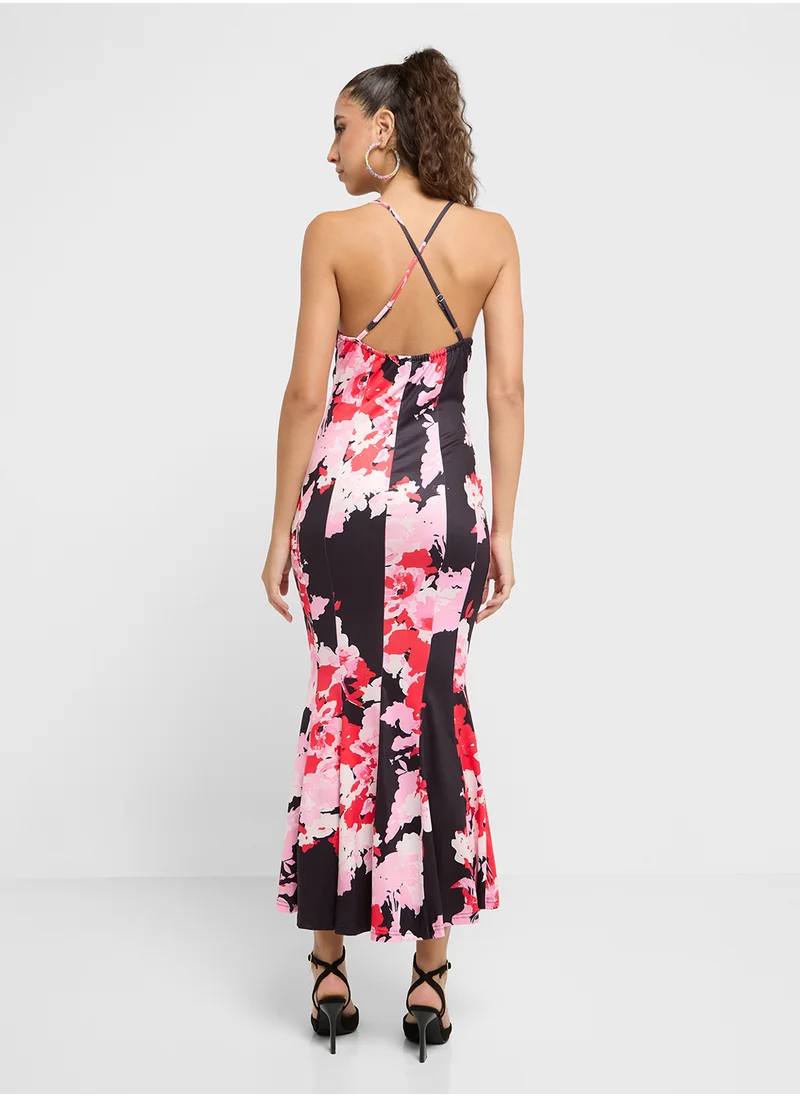 جينجر Floral Print Slip Dress With Pleated Hem