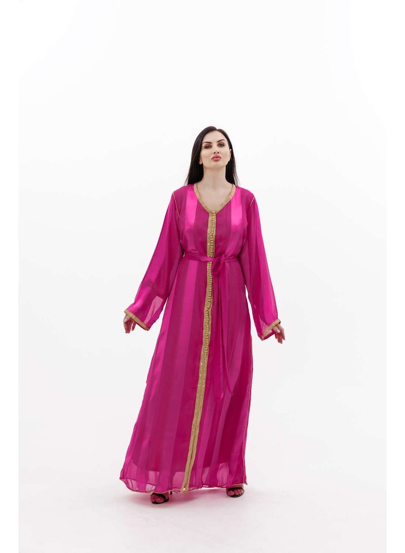 HANA & SARA LONG CLASSY SIMPLE FUCHSIA PINK COLOUR FRONT LACE BUTTON LINING ARABIC KAFTAN JALABIYA DRESS  - Image 1
